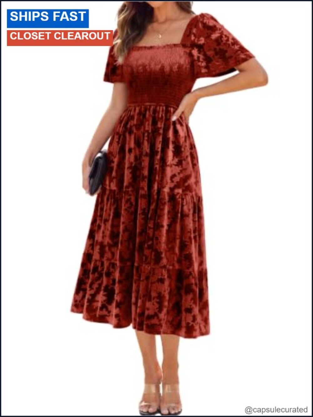 Velvet Floral Flutter Sleeve A-Line Square Neck Smocked Maxi Dress Semi Formal